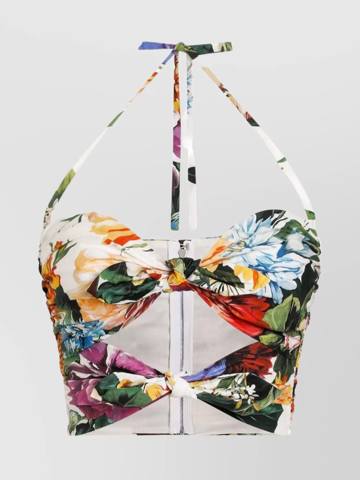 Dolce & Gabbana Floral Bouquet Knotted Popeline Crop Halter Top In Multi