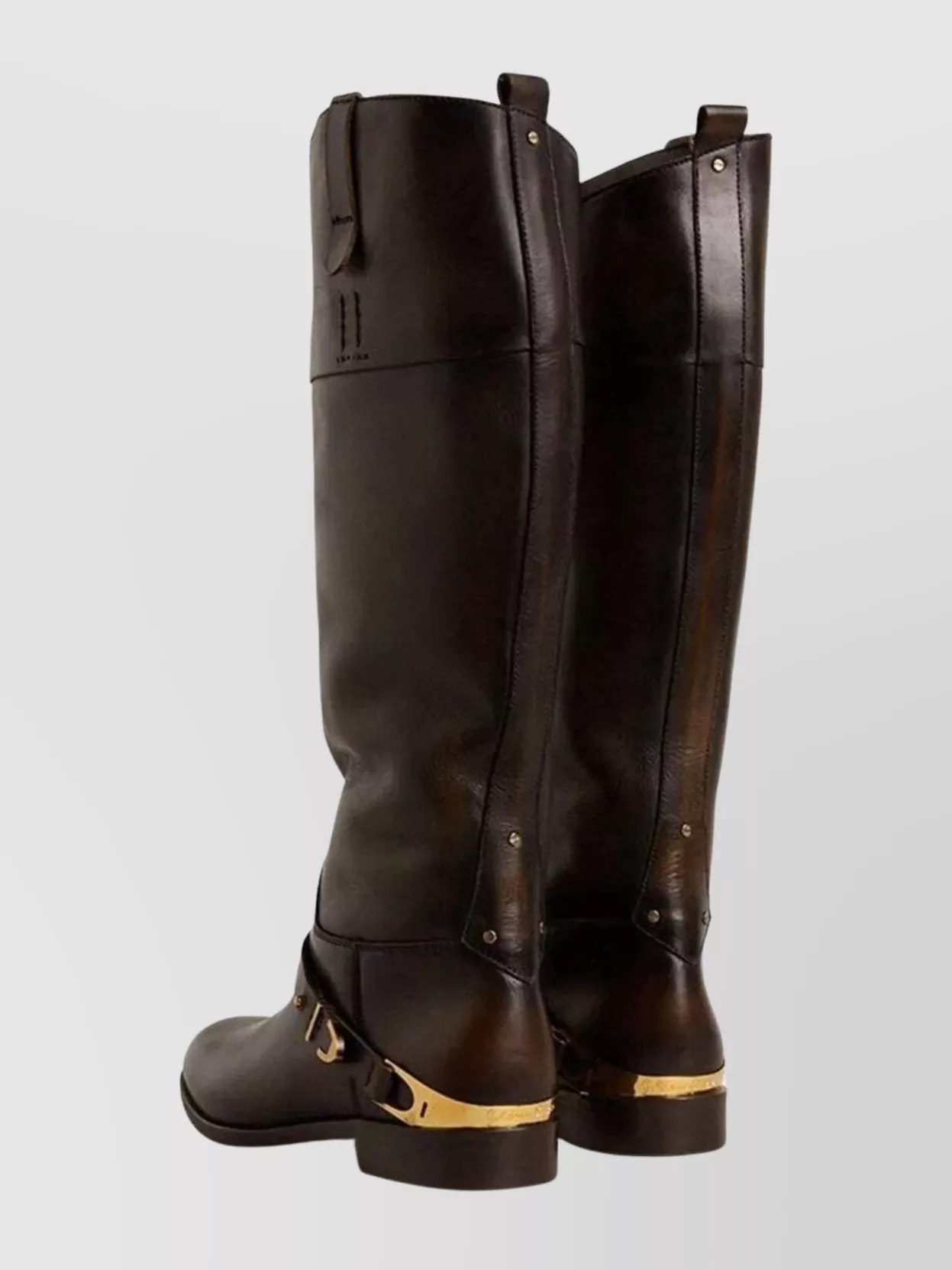 Golden Goose Knee-high Distressed Leather Boots Buckle Detail In Brown