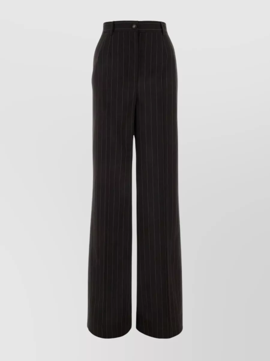 Shop Dolce & Gabbana Embroidered Pinstripe Wide-leg Wool Pants In Black