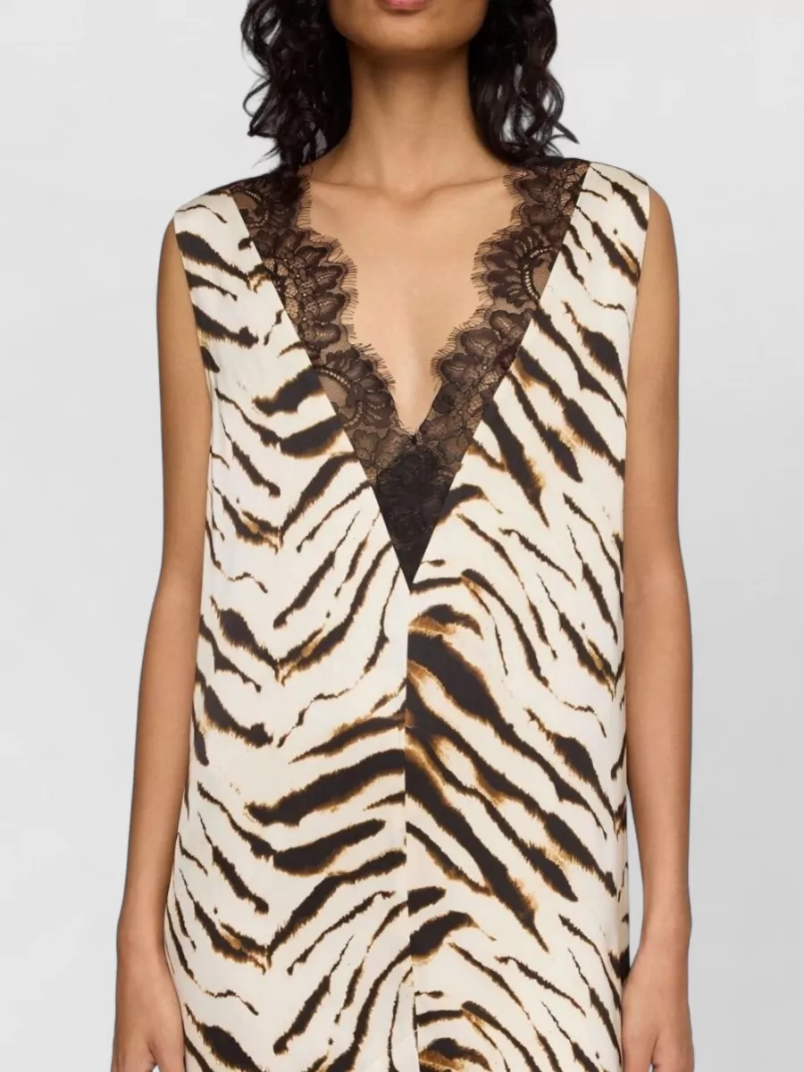 Ganni Zebra-Print Lace-Trim V-Neck Sleeveless Midi Dress