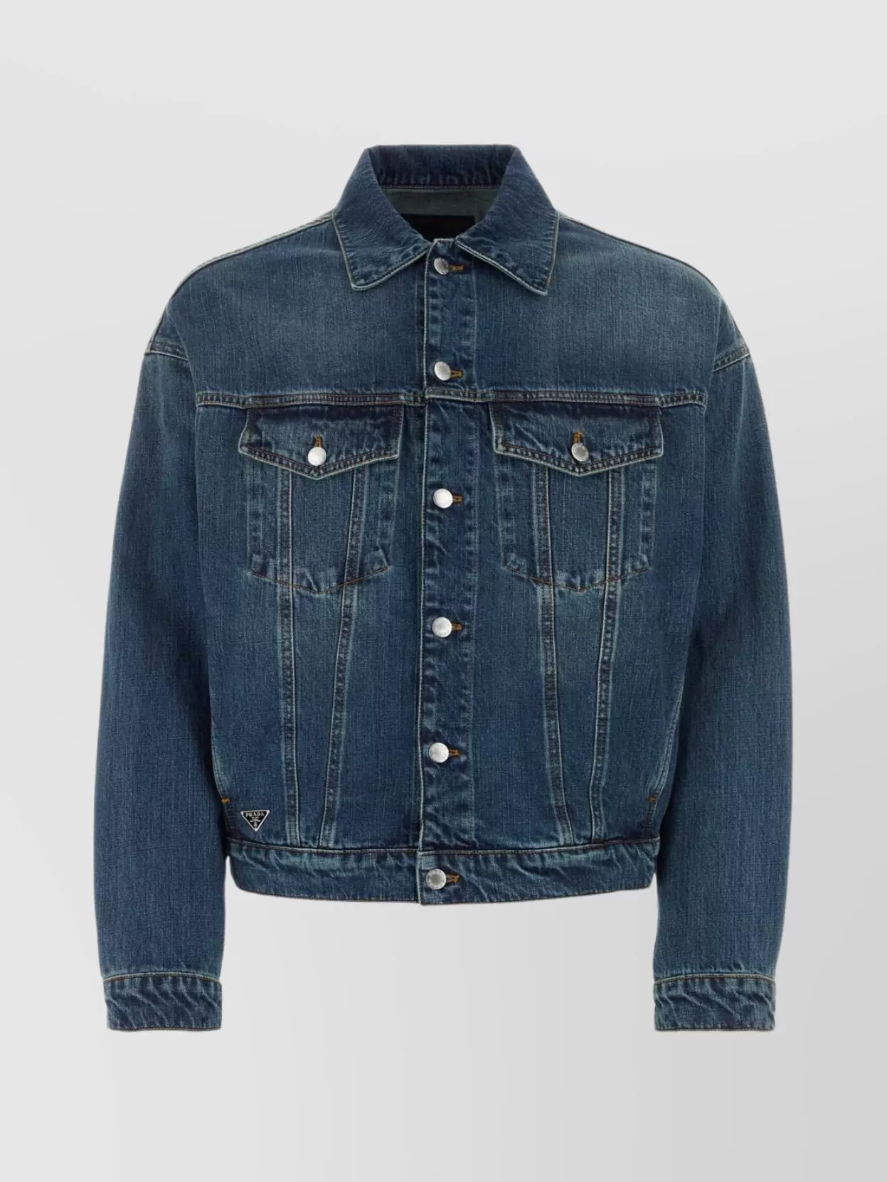Shop Prada Adjustable Cropped Denim Jacket With Flap Pockets
