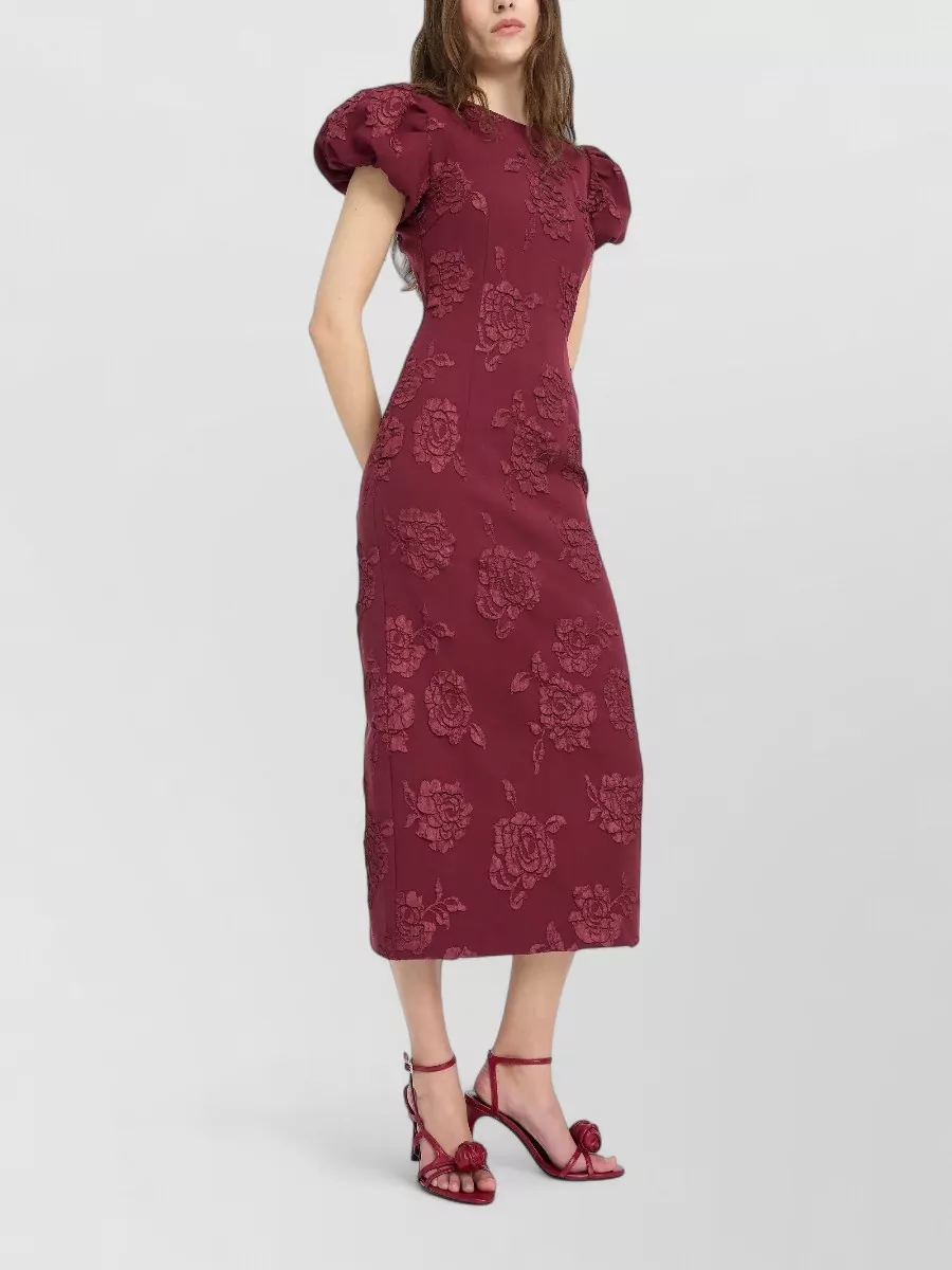 Rotate Floral jacquard puff-sleeve midi dress