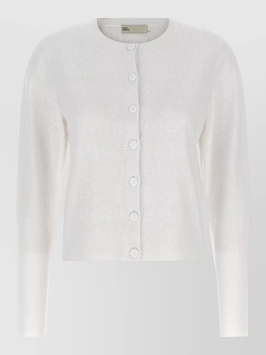 Tory Burch Pointelle Knit Viscose Cardigan Round Neck In White