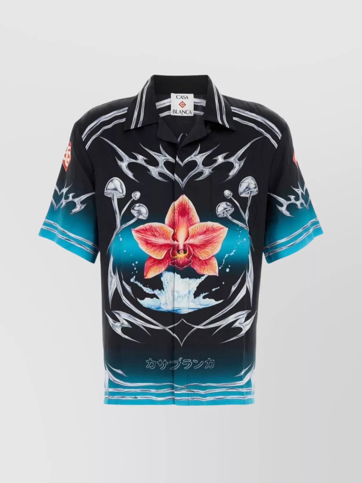 Casablanca Blades Orchid-print Cuban-collar Shirt In Blue
