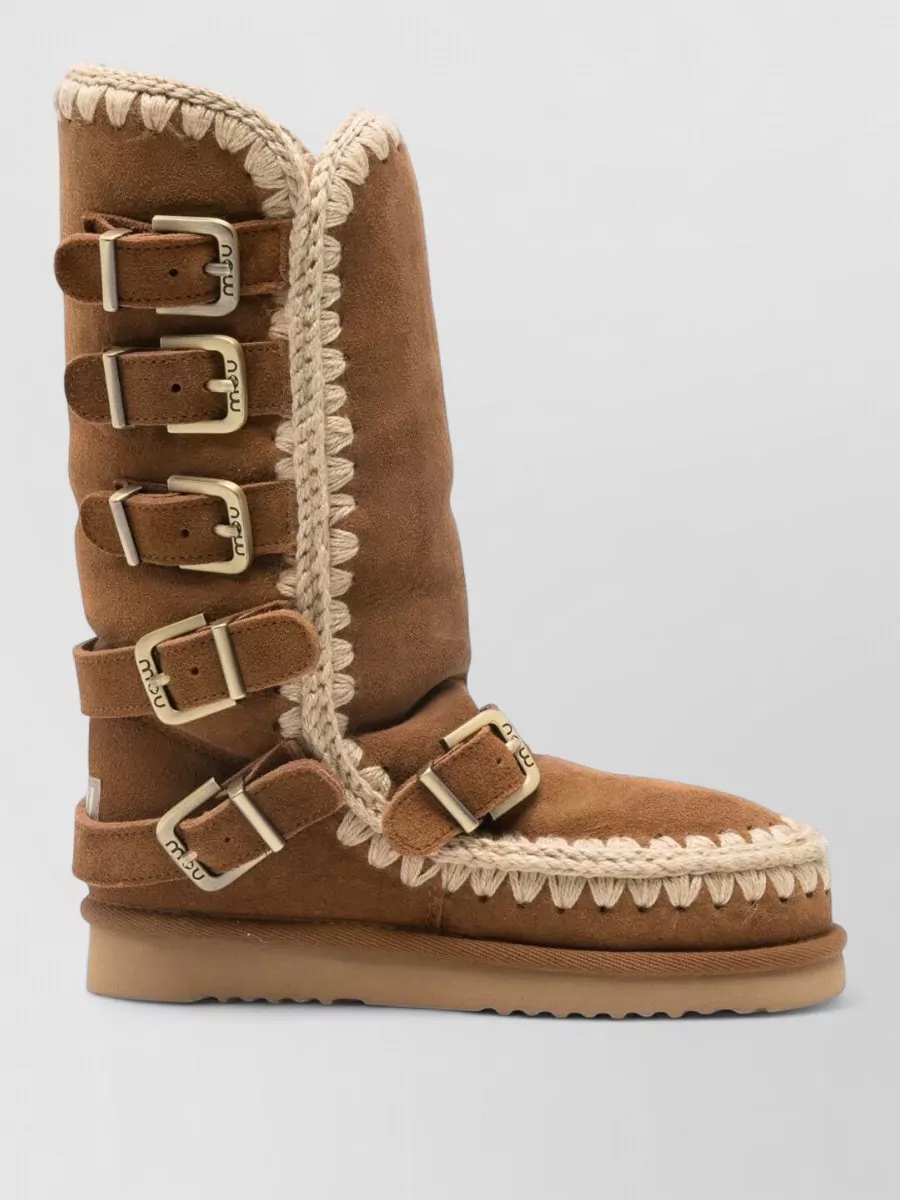 Mou Sheepskin Crochet-Trim Buckle-Strap Boots