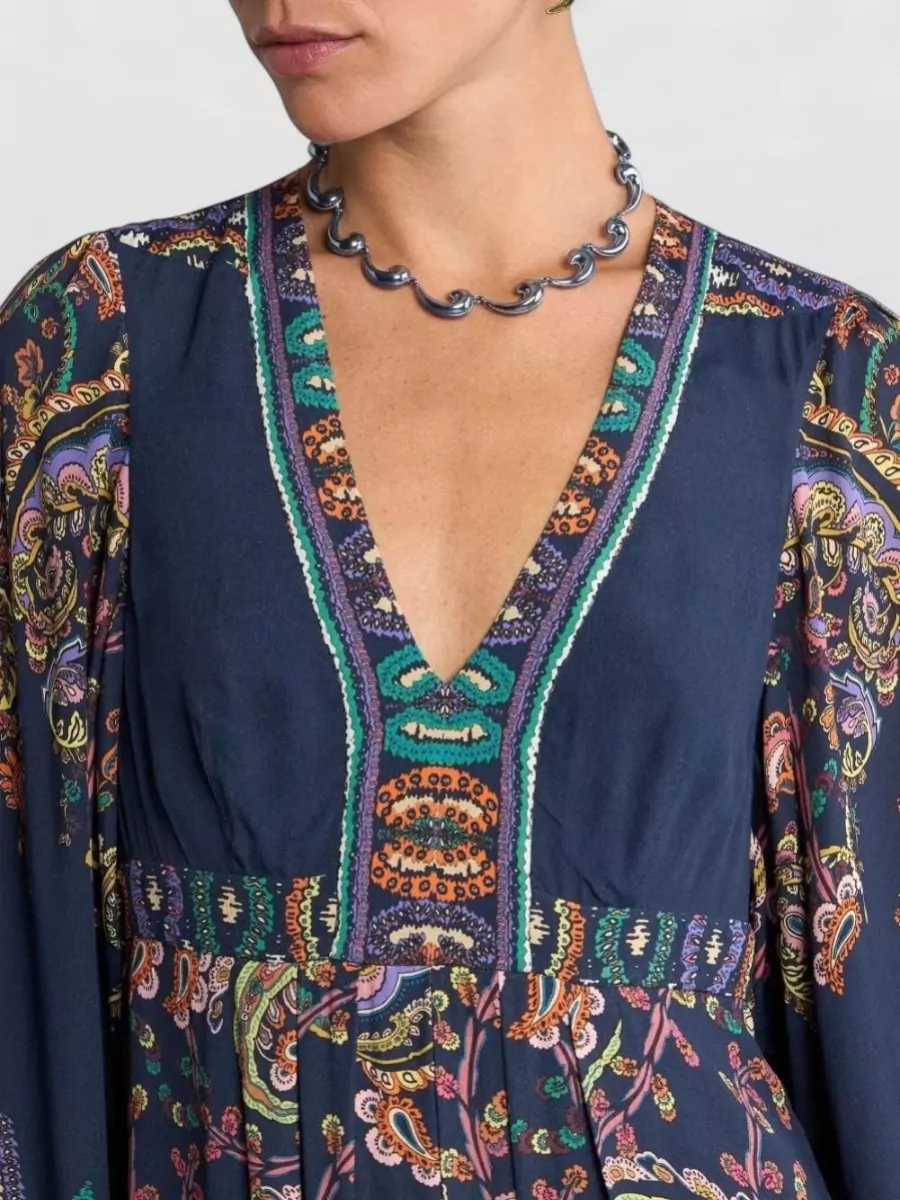 Etro Silk Paisley-Print V-Neck Long-Sleeve Maxi Dress