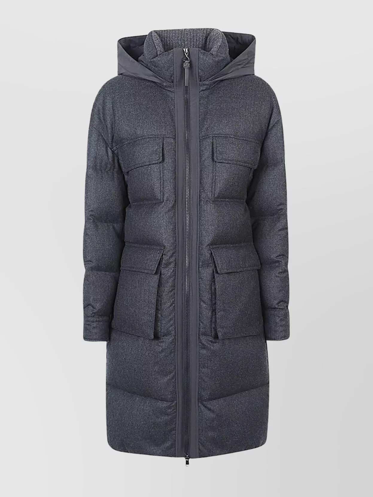 Brunello Cucinelli Long Quilted Down Jacket Hooded In Gray