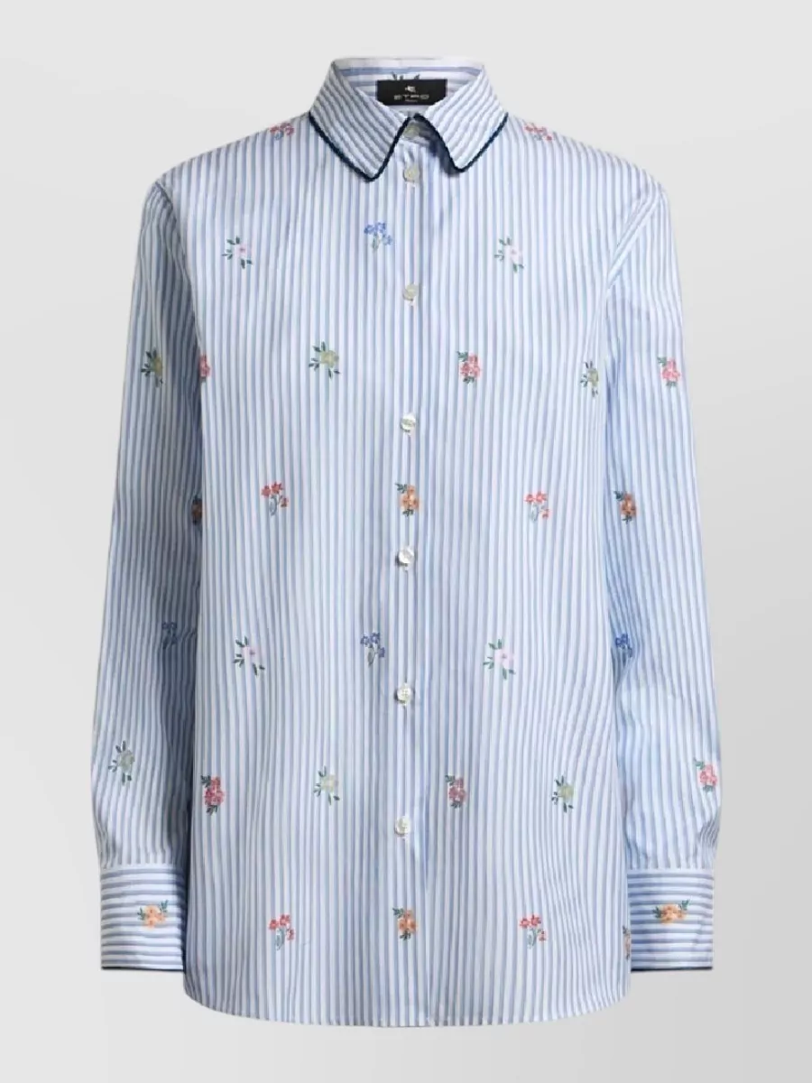 Etro floral-embroidered striped cotton long-sleeve shirt