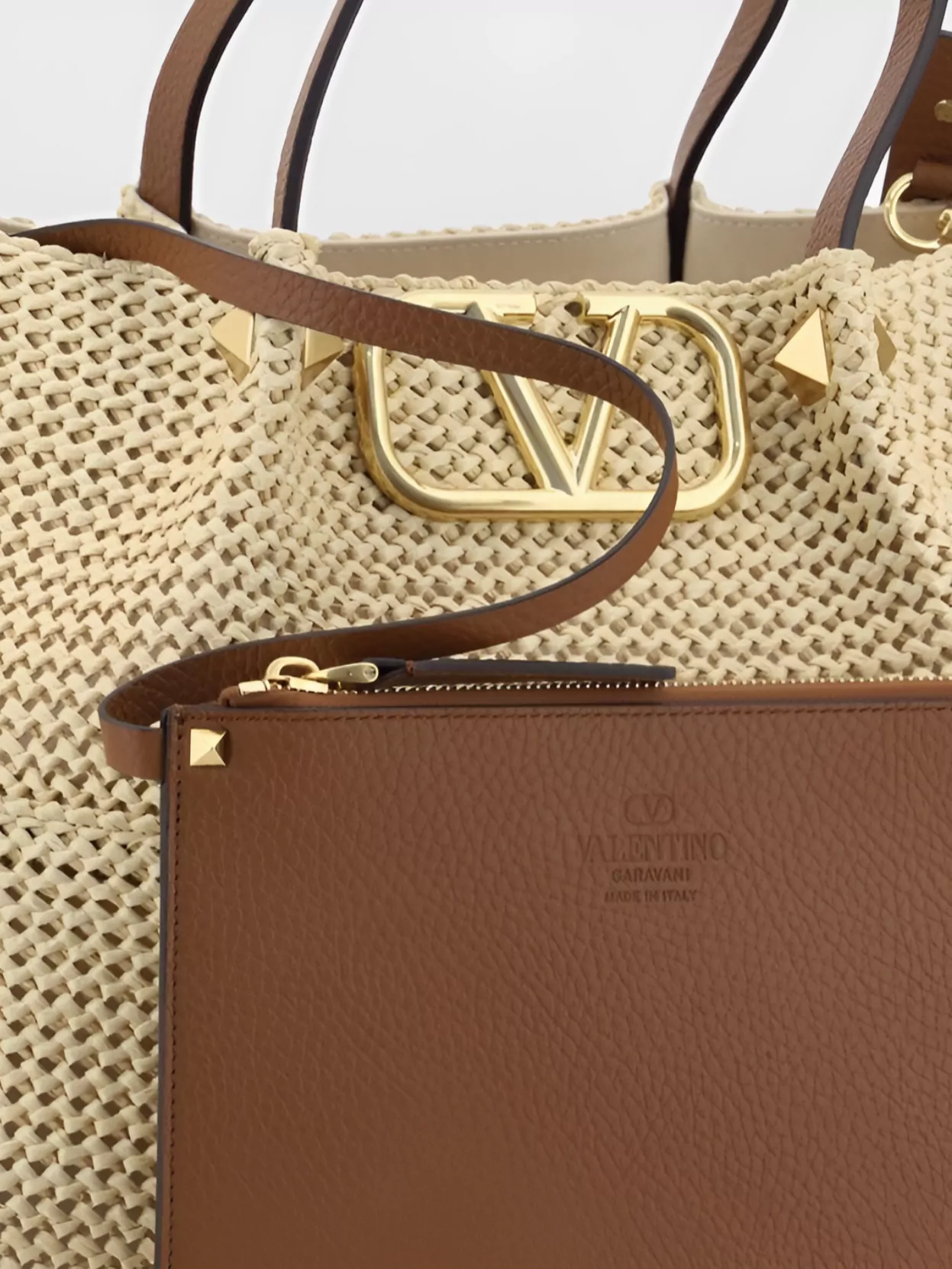 Valentino Garavani Straw Shoulder Bag With Studded Leather Strap
