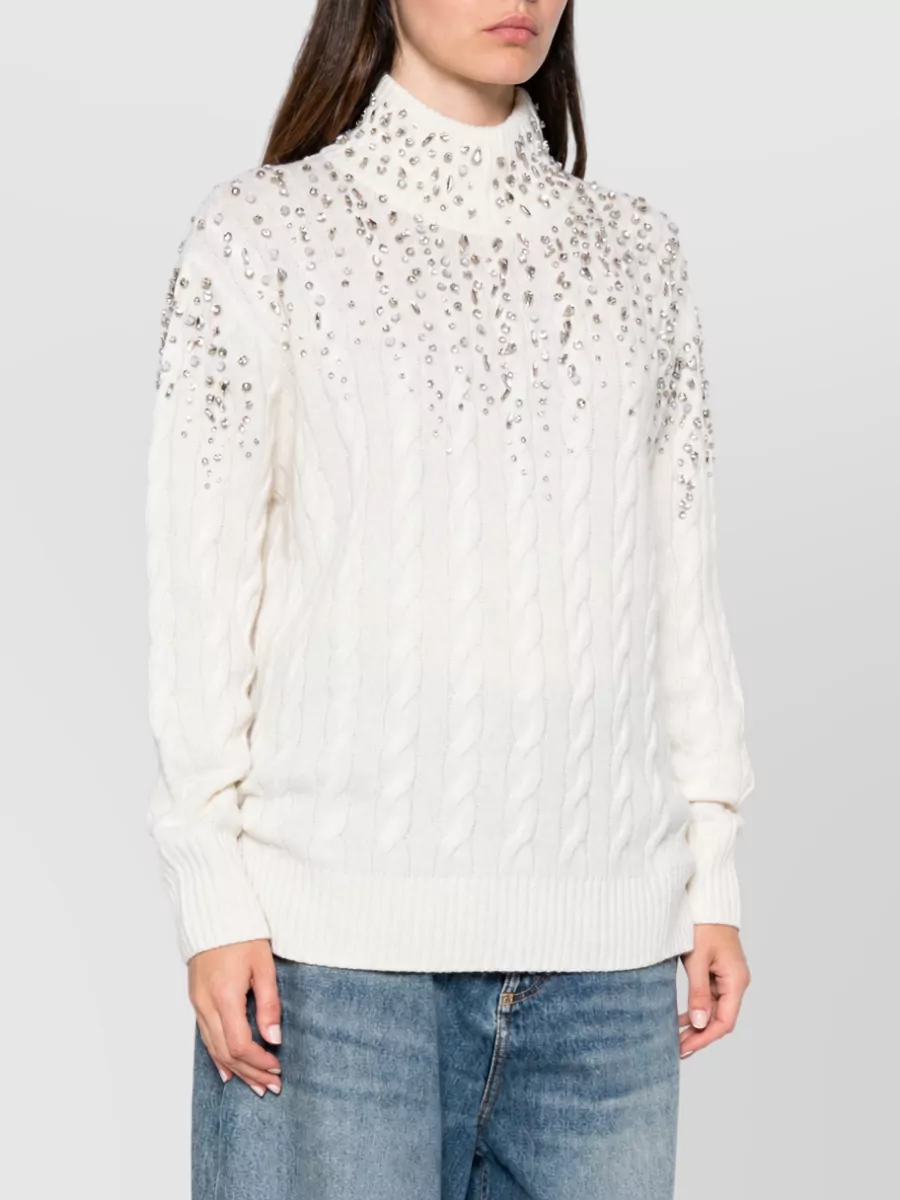 Ermanno Firenze Wool Cashmere Cable Knit Crystal Embellished Mock Neck Sweatshirt