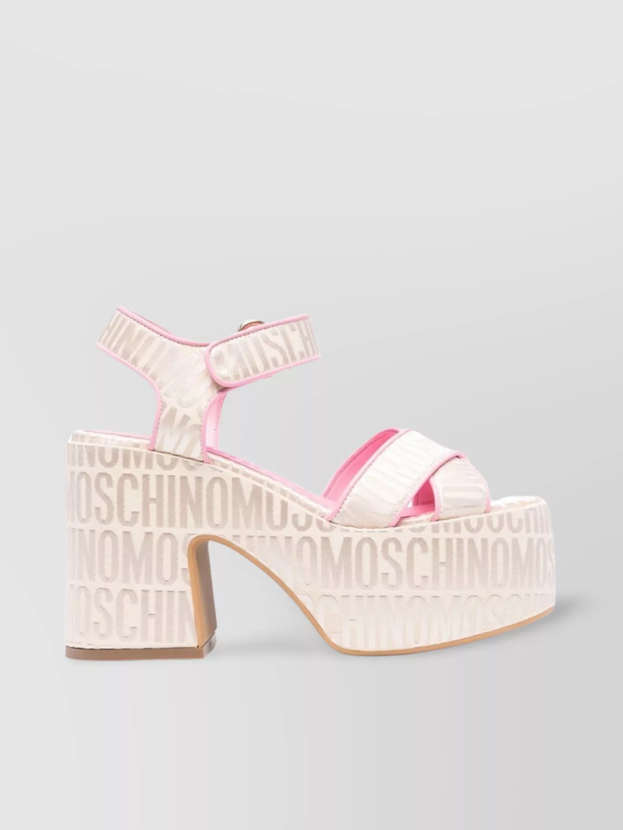 Shop Moschino Canvas Block Heel Sandals With Crossover Strap In Cream