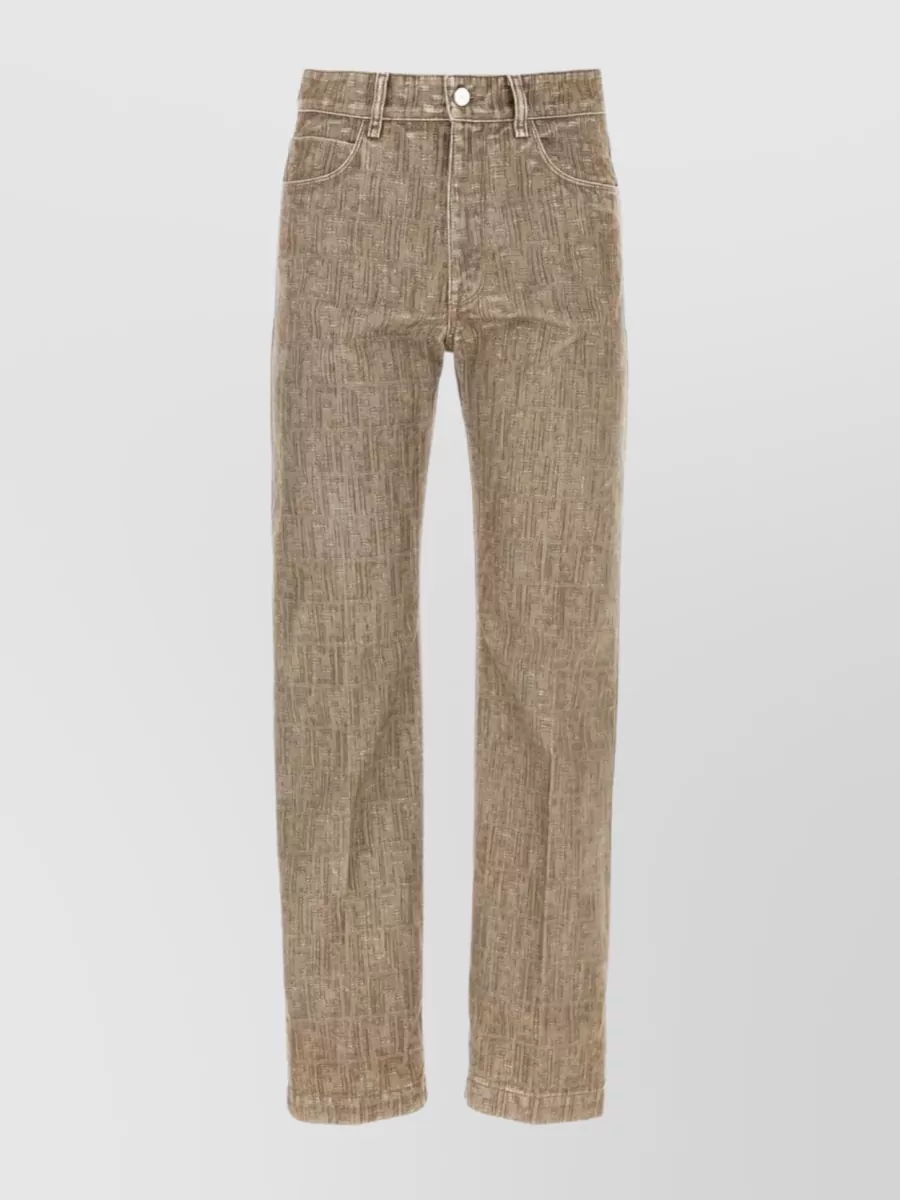 Shop Fendi Denim Trousers With Textured Fabric And Back Pockets In Brown