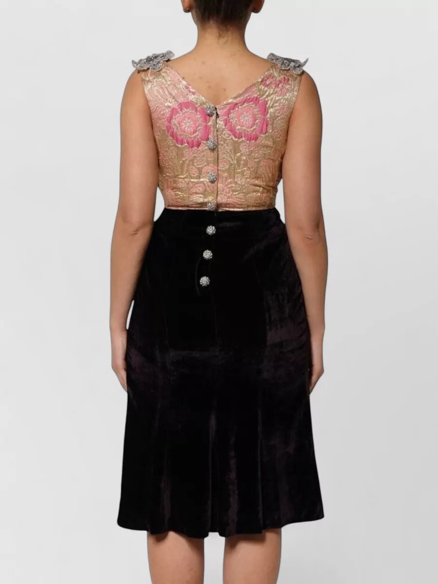 Dolce&Gabbana Velvet V-Neck Flower-Embellished A-Line Midi Dress