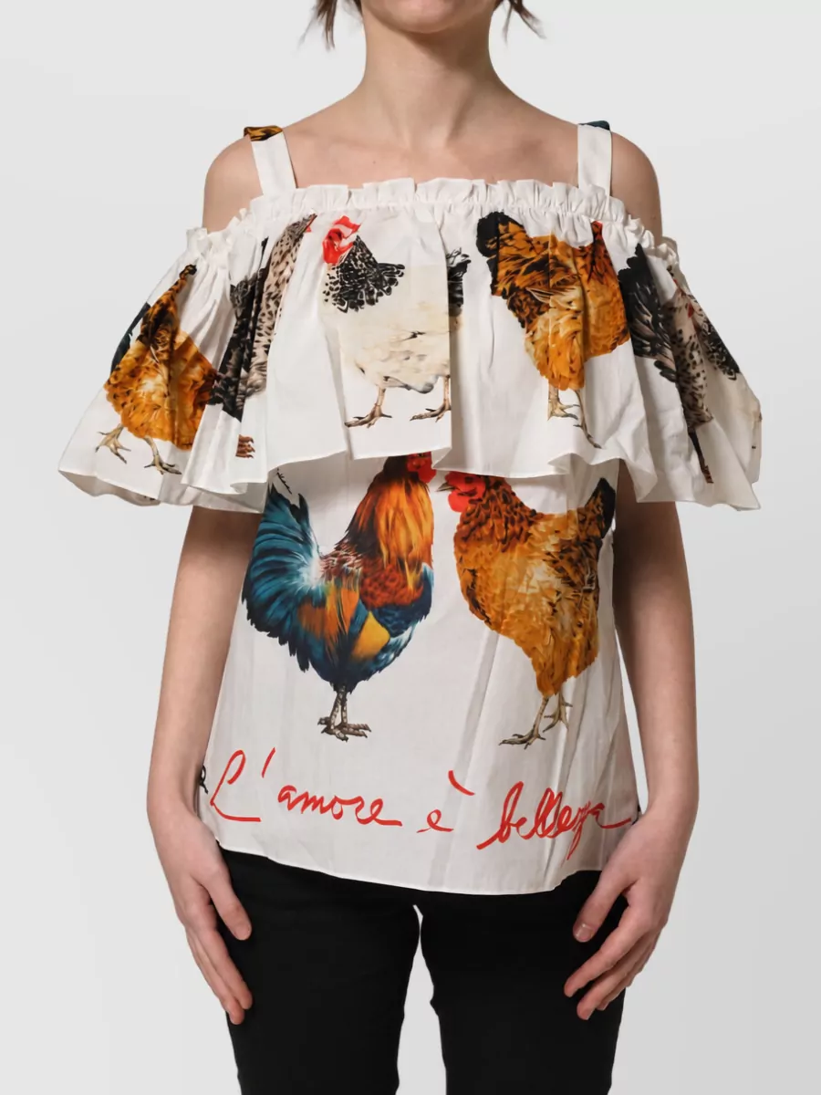 Dolce&Gabbana Cotton rooster print off shoulder blouse
