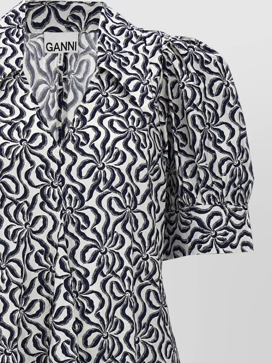 Ganni Printed Cotton V-Neck Short-Sleeve Midi Dress