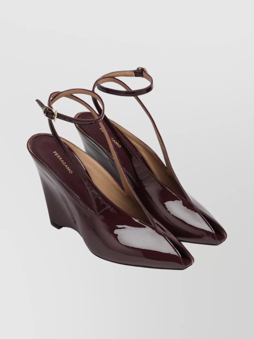 Ferragamo Wedge Sandals With Open Back And Pointed Toe In Burgundy