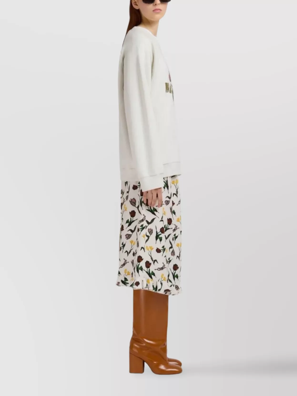 Marni Cream Envers Satin Midi Skirt With Tulips And Hares Print In Multi