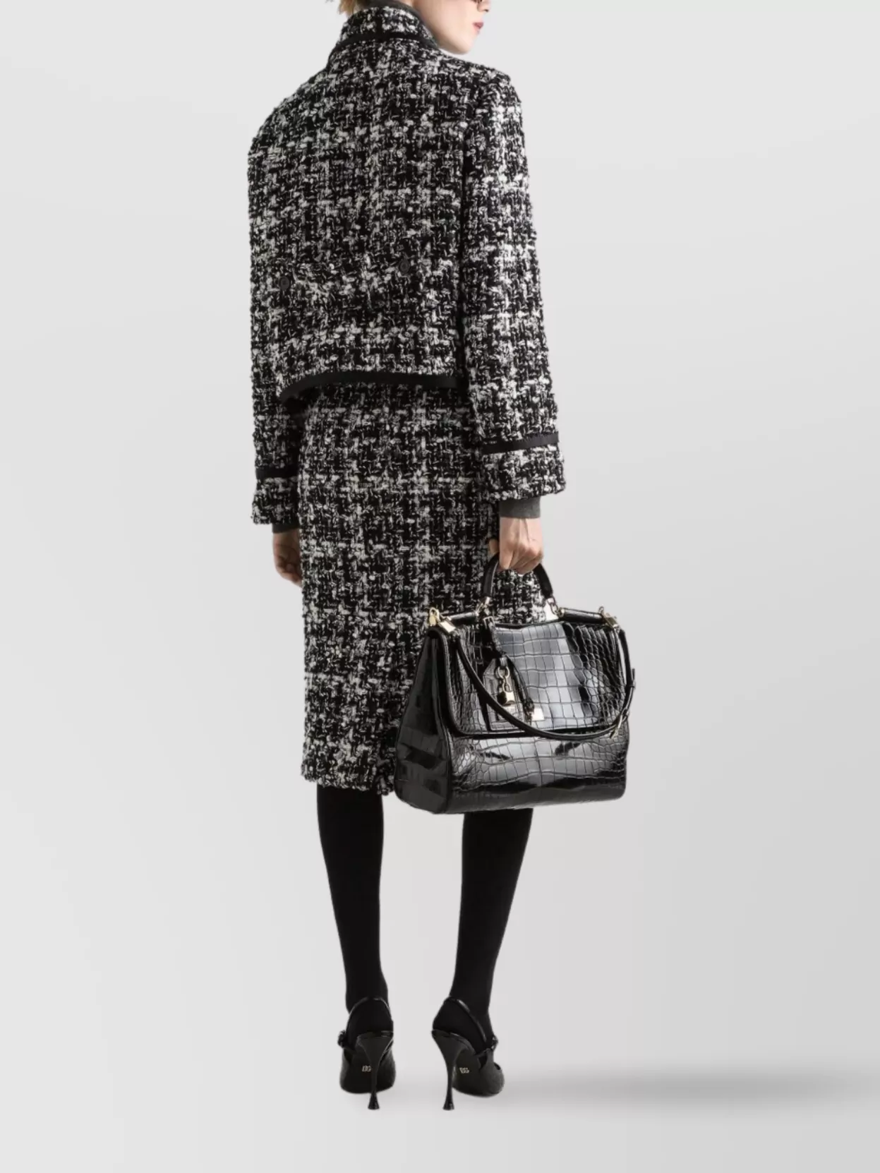 Dolce & Gabbana Wool Blend Midi Skirt With Tweed Pattern In Black