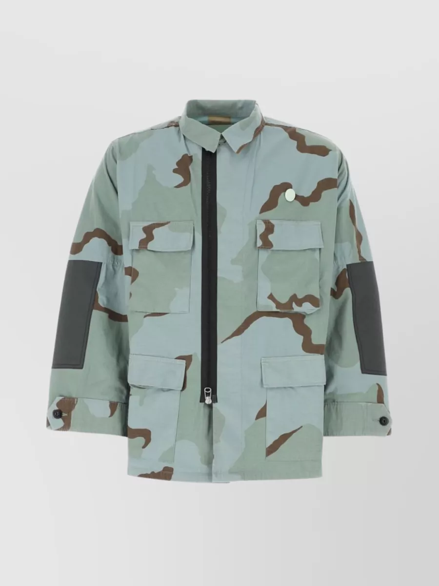 Shop Oamc Cotton Blend Camo Shirt With Adjustable Cuffs In Cyan