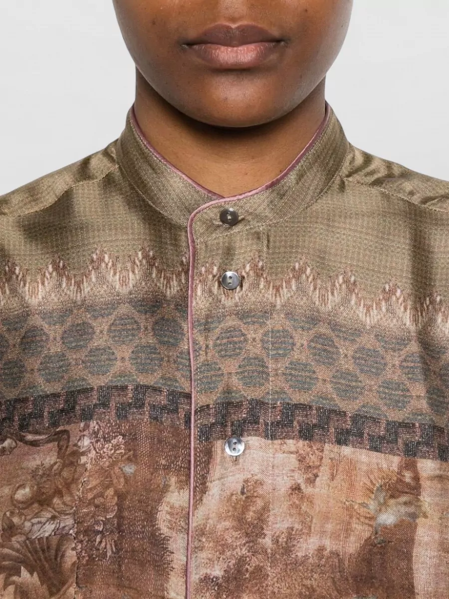 Pierre Louise Mascia Silk Shirt Band Collar Longline Style