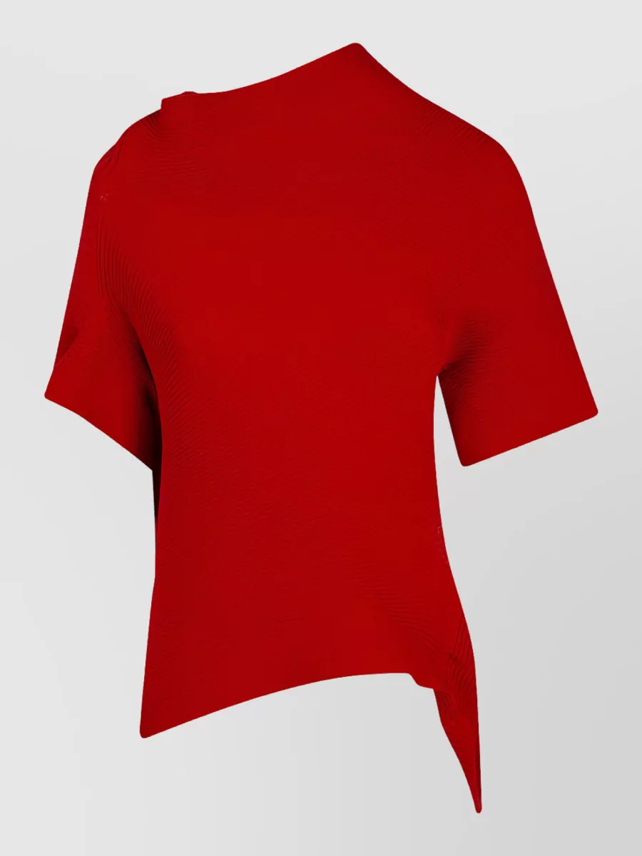 Issey Miyake ribbed asymmetric high neck short sleeve knitted top