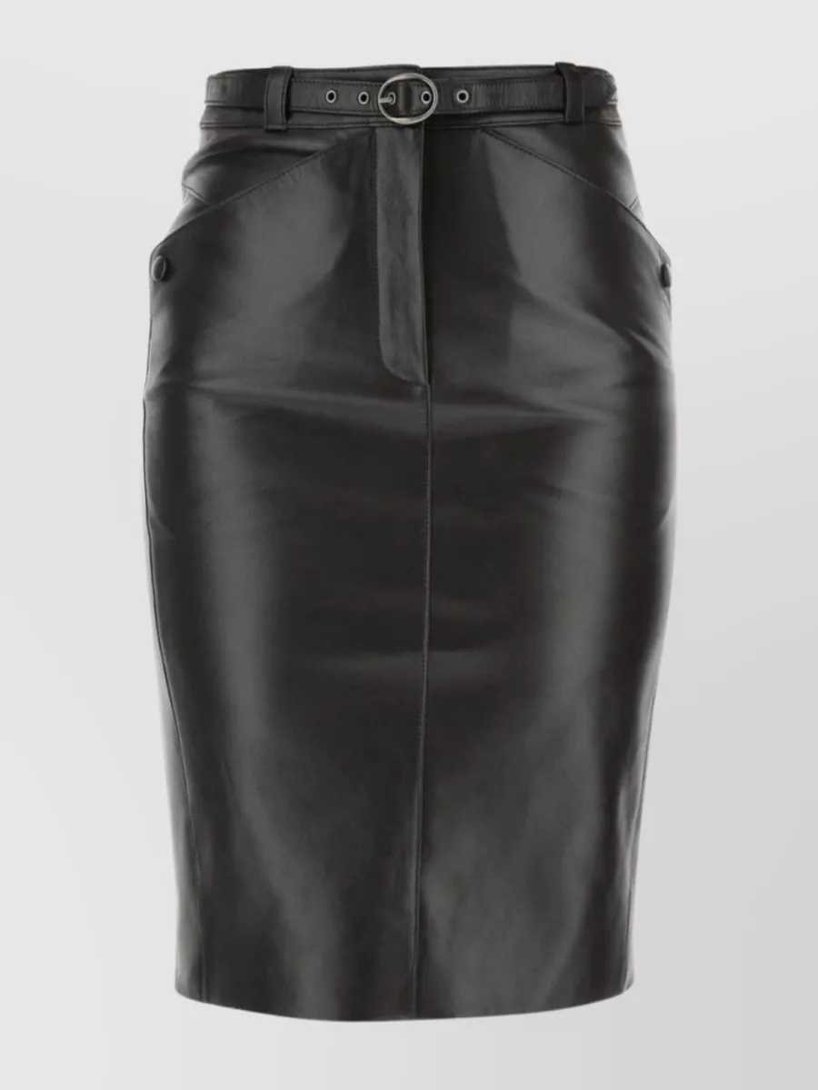 Shop Saint Laurent Nappa Leather Skirt With Waist Belt And Slit In Black