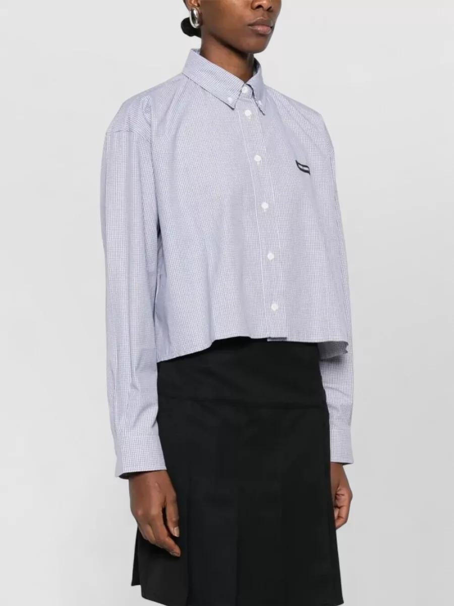 Miu Miu Check Pattern Cropped Poplin Button Shirt In Blue