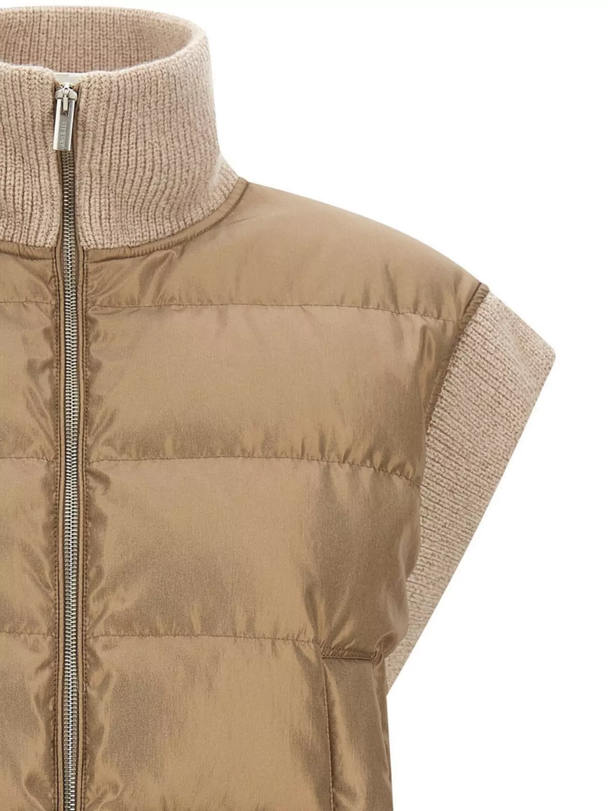 Peserico High Collar Sleeveless Quilted Ribbed Vest In Brown