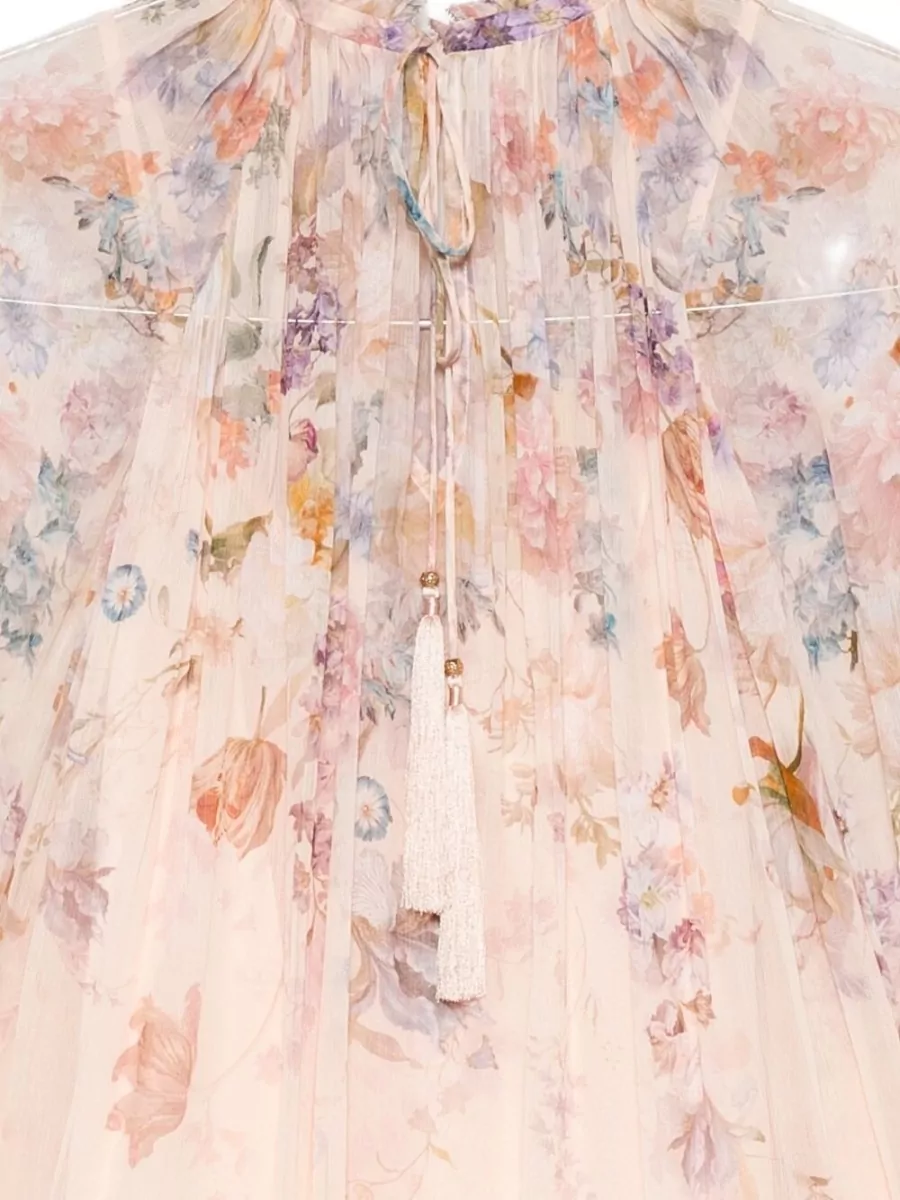 Zimmermann Valiant Floral-Print High-Neck Long-Sleeve Blouse