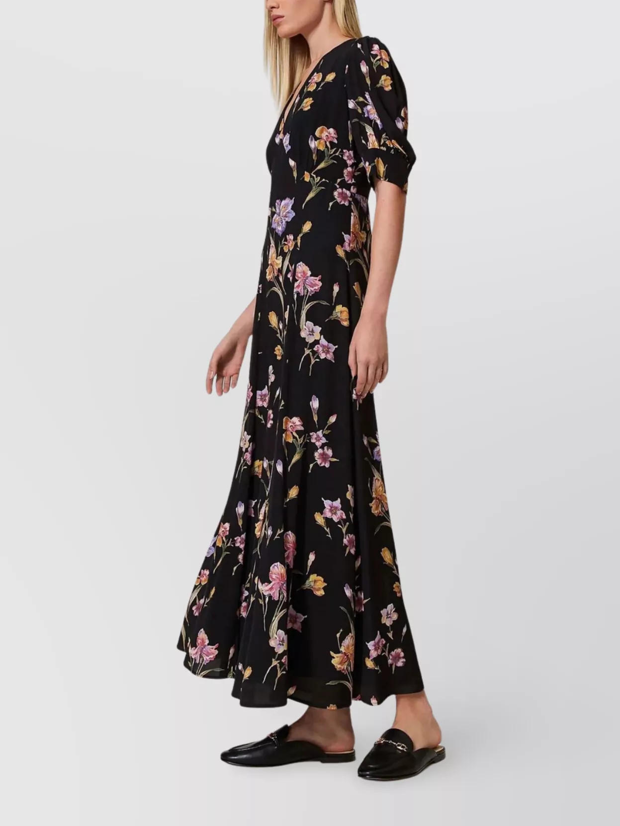 Twin-Set Floral Maxi Dress With V-Neckline And Puff Sleeves