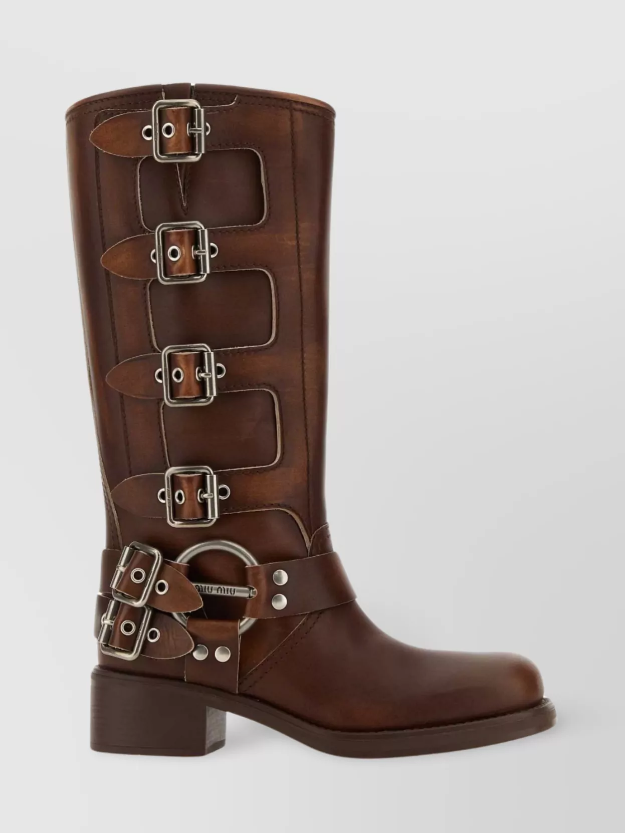 Shop Miu Miu Leather Block Heel Mid-calf Boots