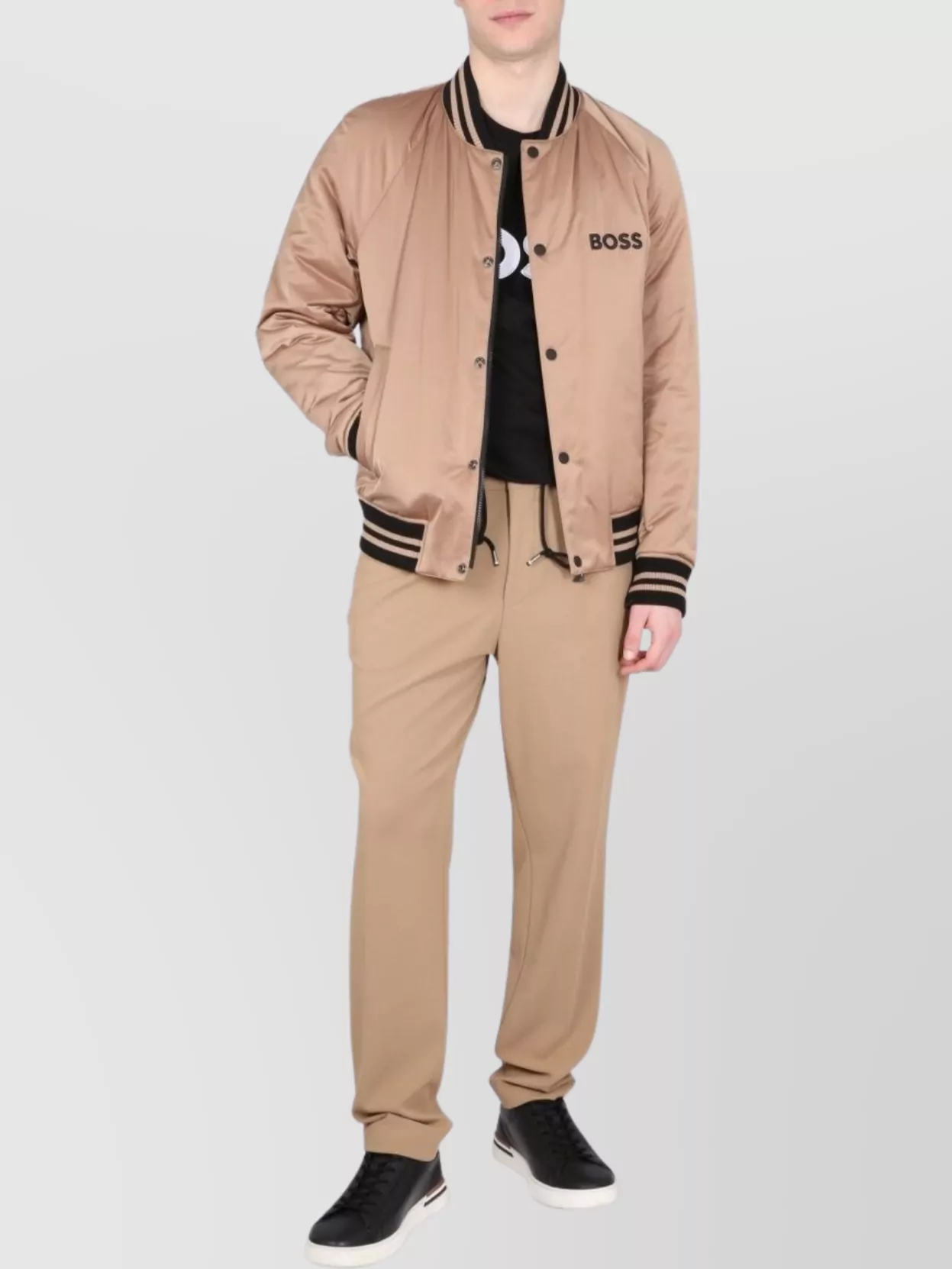 Hugo Boss Logo Bomber Jacket With Ribbed Collar And Cuffs In Neutral