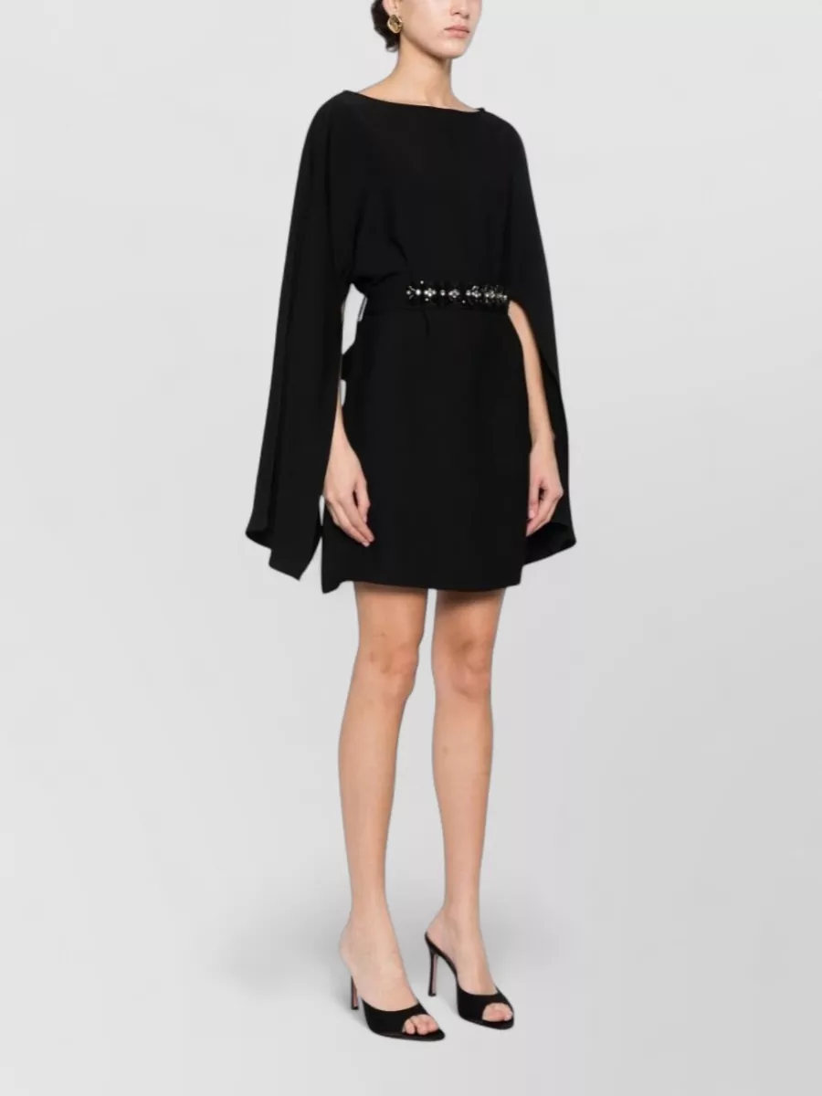 Parosh Dress Cape Sleeves Round Neckline Embellished Waist