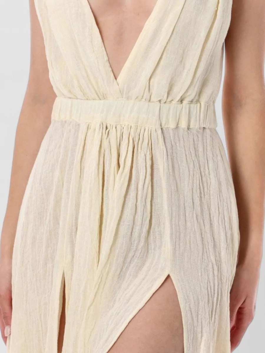 120% Lino Viscose Linen Crinkle-Effect Sleeveless Deep V-Neck Open-Back Maxi Dress