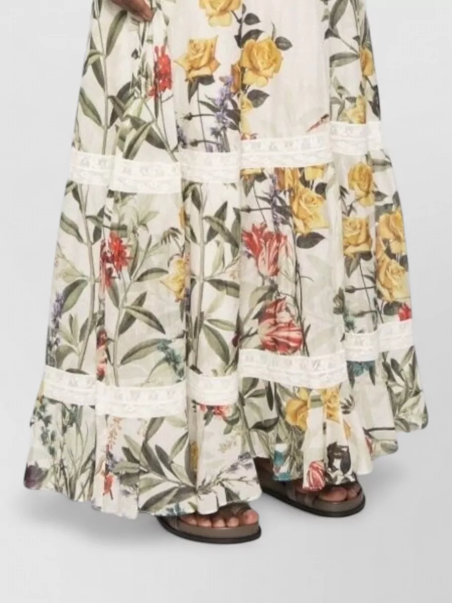 Alice + Olivia Floral-Print Lace-Trim Ruffled V-Neck Long-Sleeve Cropped Blouse