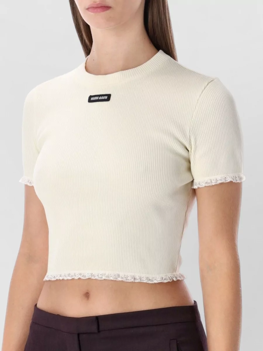 Miu Miu Ribbed Cropped Lace Trim Cotton Top