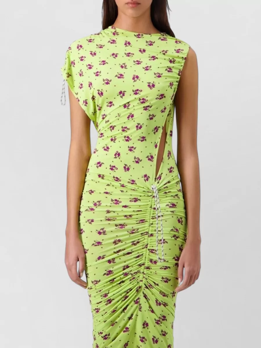Coperni Floral-Print Ruched Short-Sleeve Knee-Length Dress