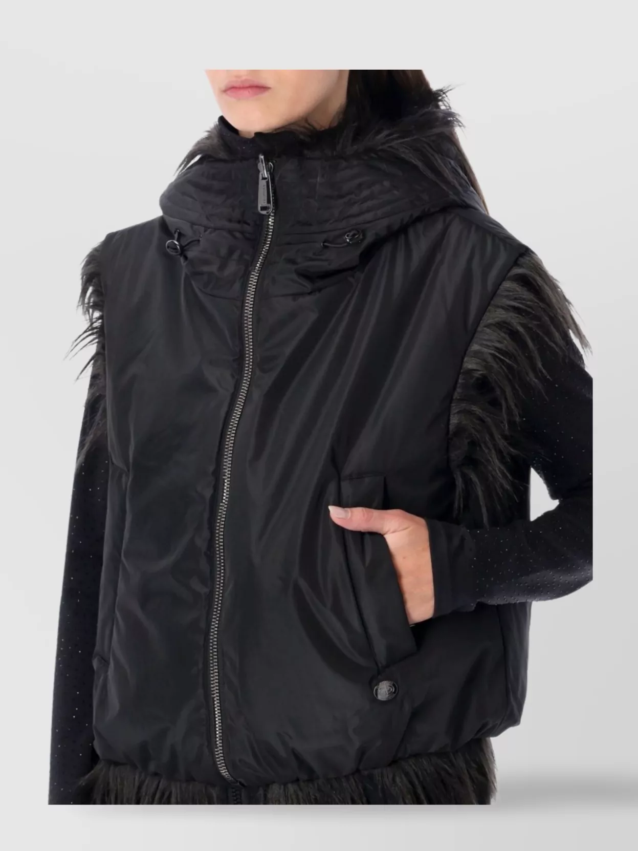 Goldbergh Hooded Sleeveless Faux Fur Vest With Pocket In Black
