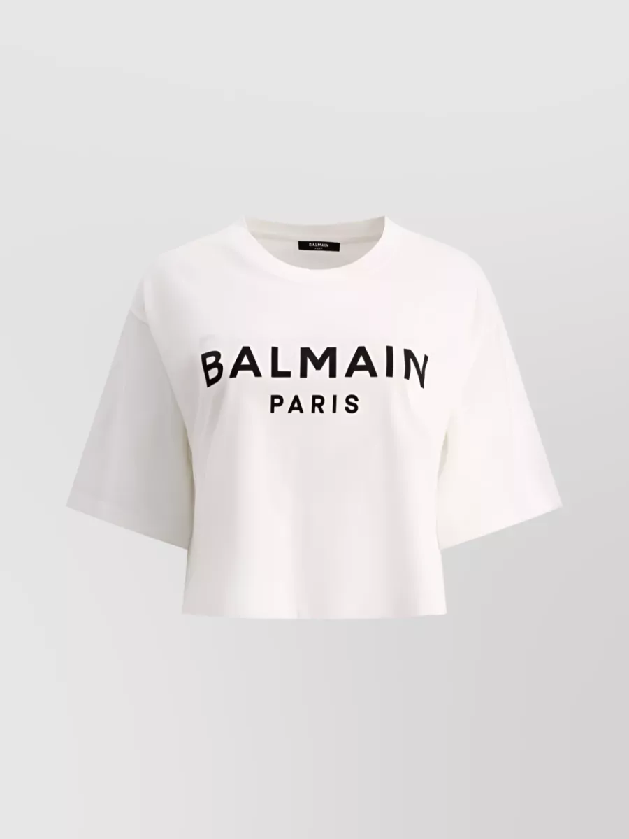 Shop Balmain Cropped Logo Print Cotton T-shirt In White