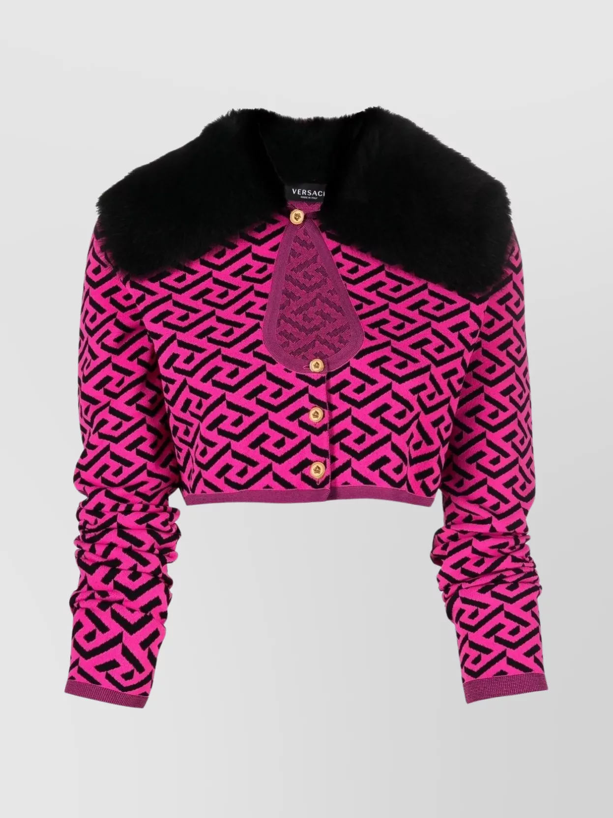 Shop Versace Cropped Wool Blazer With Embroidered Geometric Design In Black