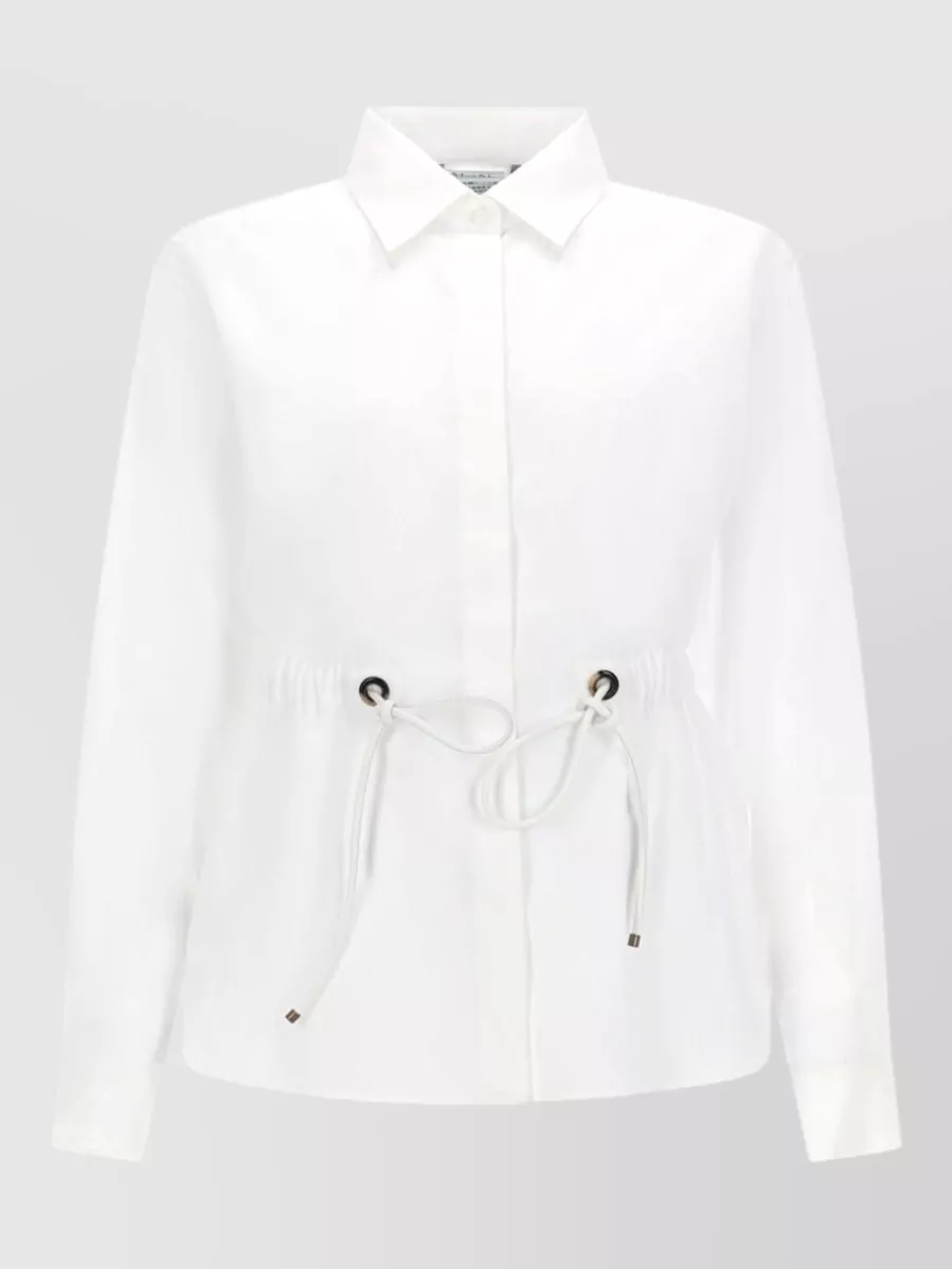 Max Mara Cotton shirt — The crisp white drawstring shirt echoes the trouser’s relaxed refinement, adds flattering waist definition over the wide cropped leg, and keeps the palette clean and quietly nautical without competing stripes.