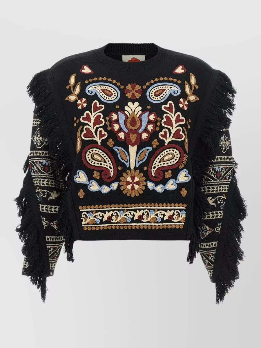 Farm Rio wool cropped embroidered sweater