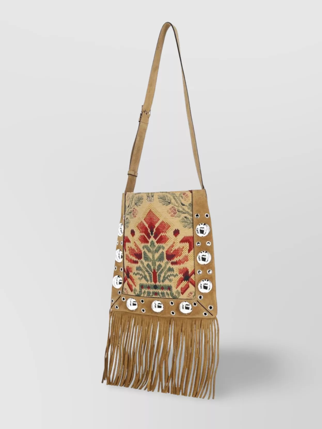 Valentino Garavani Suede Fringe Floral Eyelet Shoulder Bag