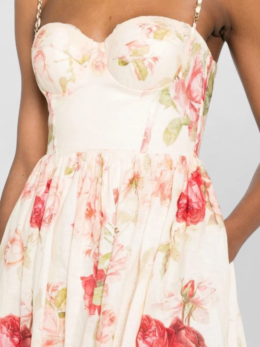 Zimmermann Linen Floral-Print Sweetheart-Neck Midi Dress