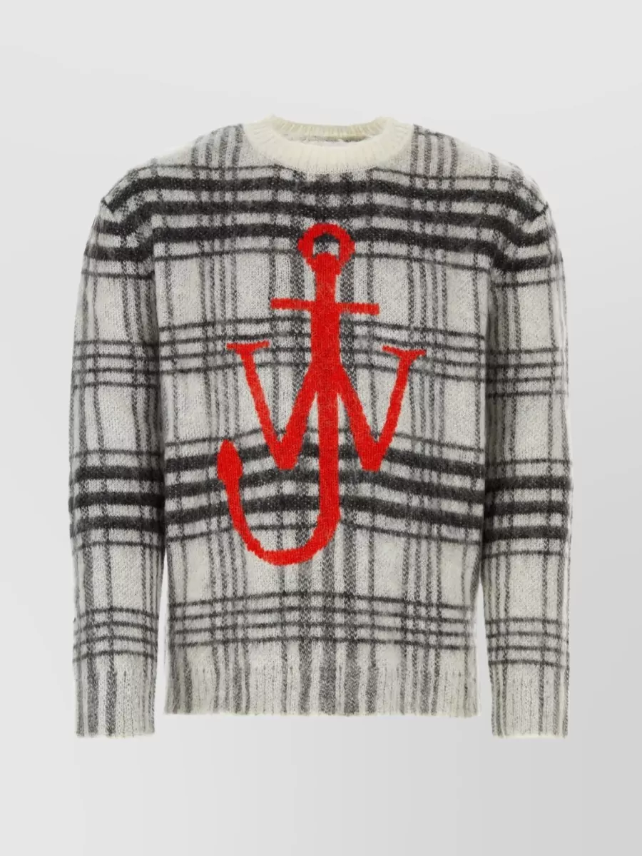Shop Jw Anderson Embroidered Accents Ribbed Crew-neck Sweater In Grey