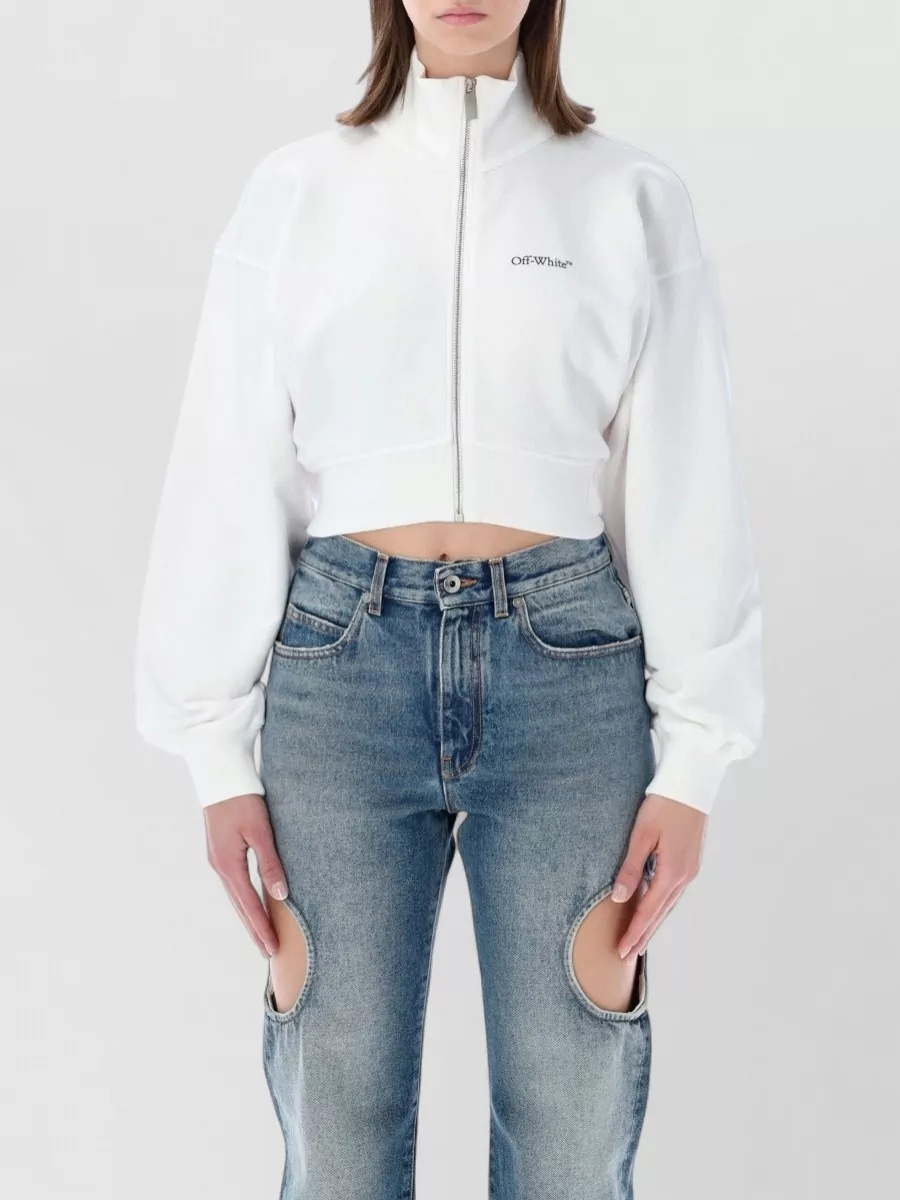 Off-White Cotton Cropped Zip Sweatshirt