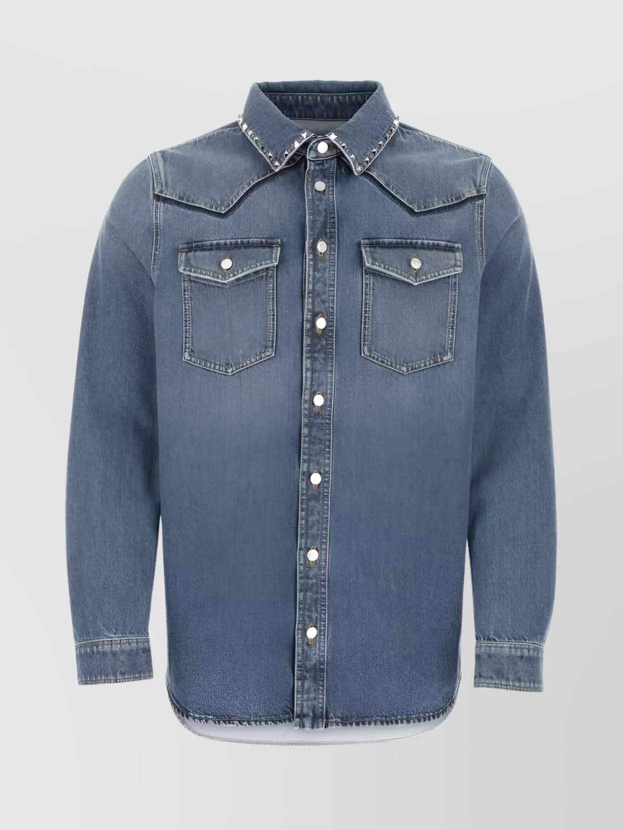 Shop Valentino Collared Shirt With Distressed Finish And Stud Accents In Blue