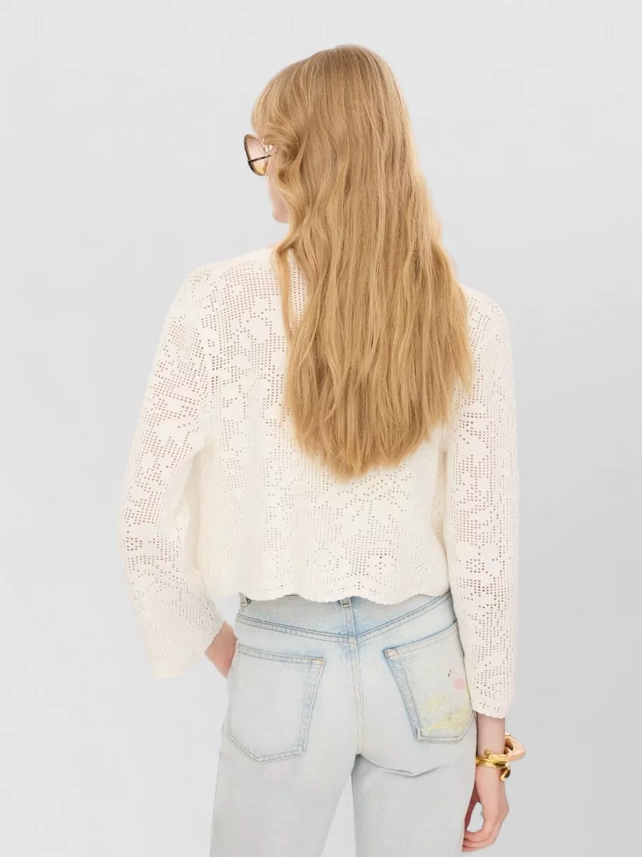Chloé Cotton Cropped Pointelle-Knit V-Neck Long-Sleeve Cardigan