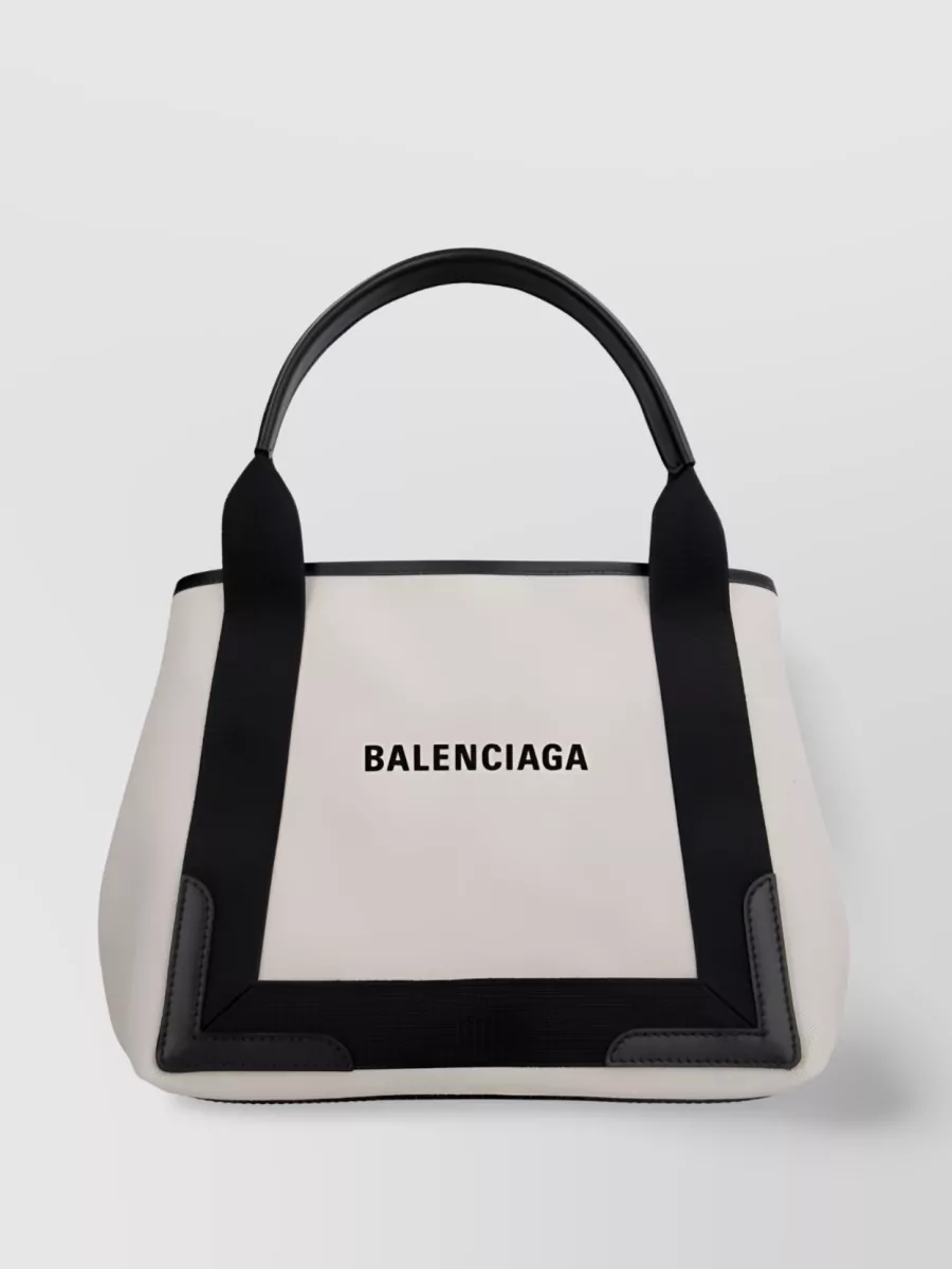 Shop Balenciaga Navy Cabas Compact Leather Tote In White