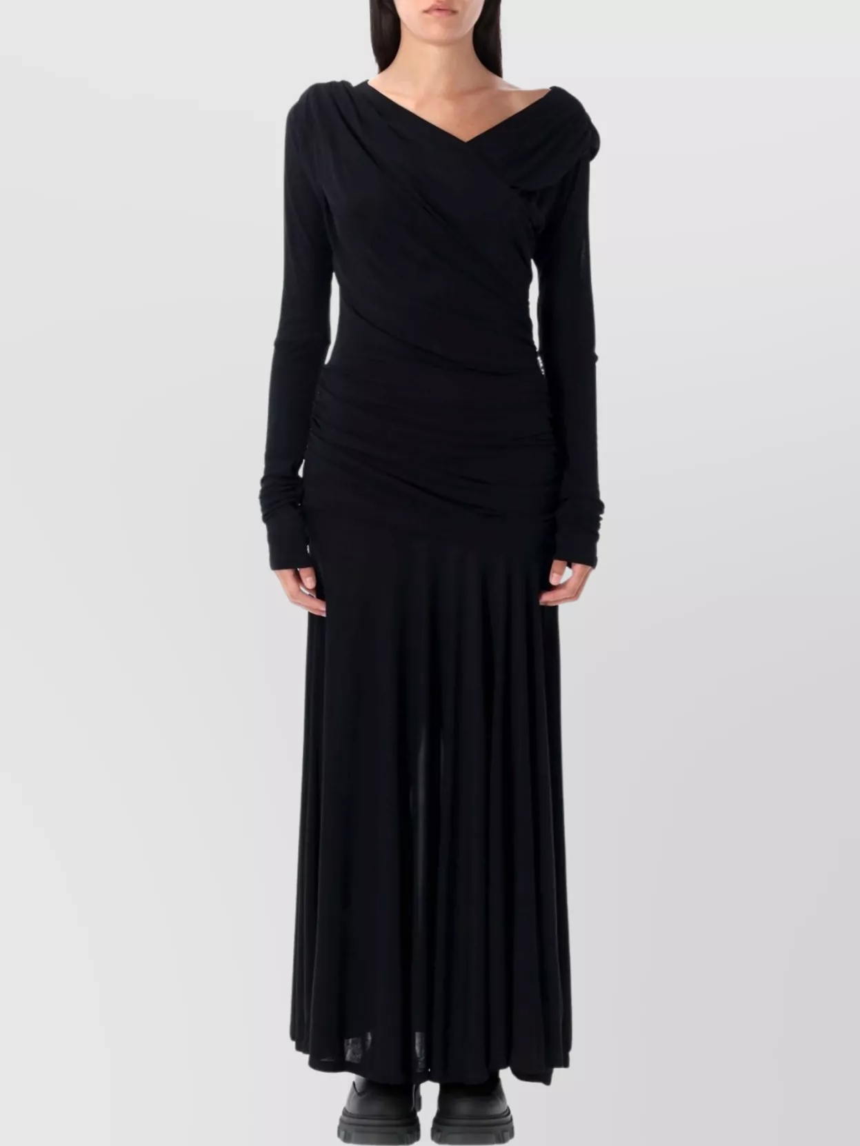 Ganni Interlock Jersey Crossover Ruched Long Dress Dresses Black In Black